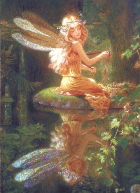 a painting of a fairy sitting on top of a rock