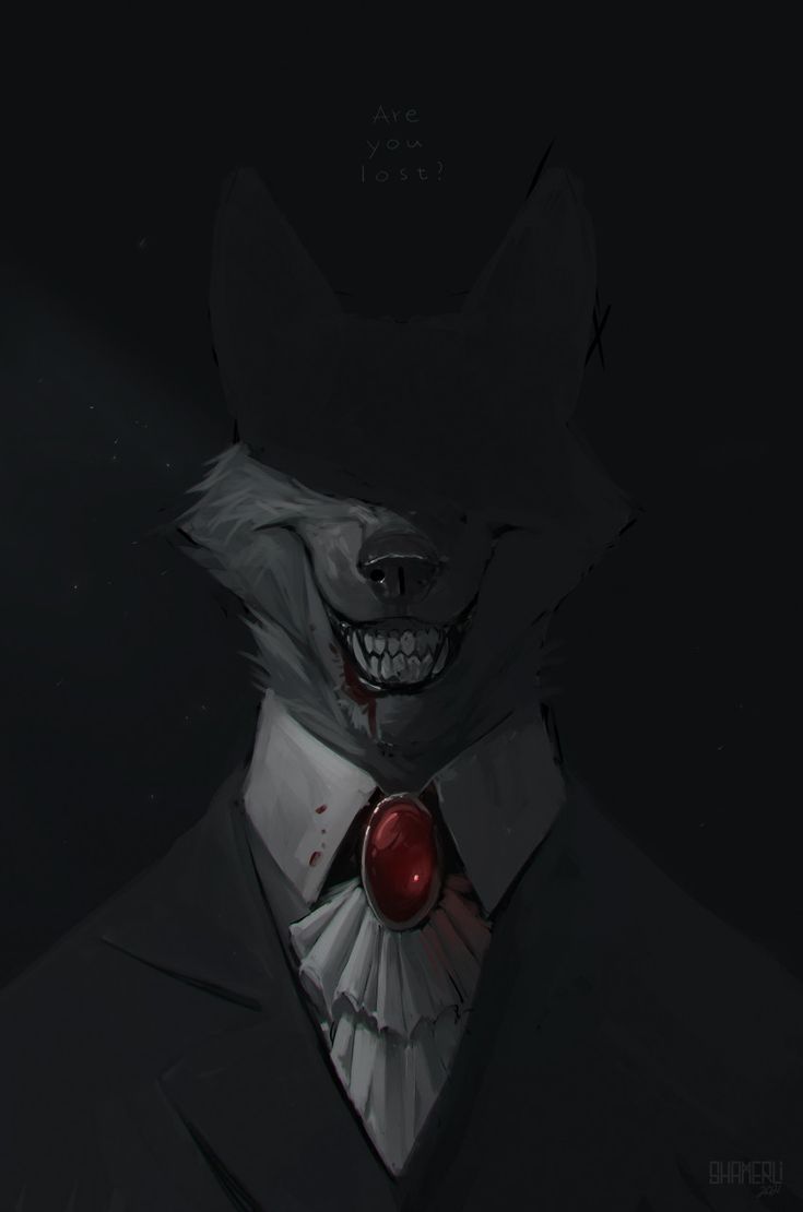 a drawing of a wolf wearing a suit and tie with a red apple in his mouth