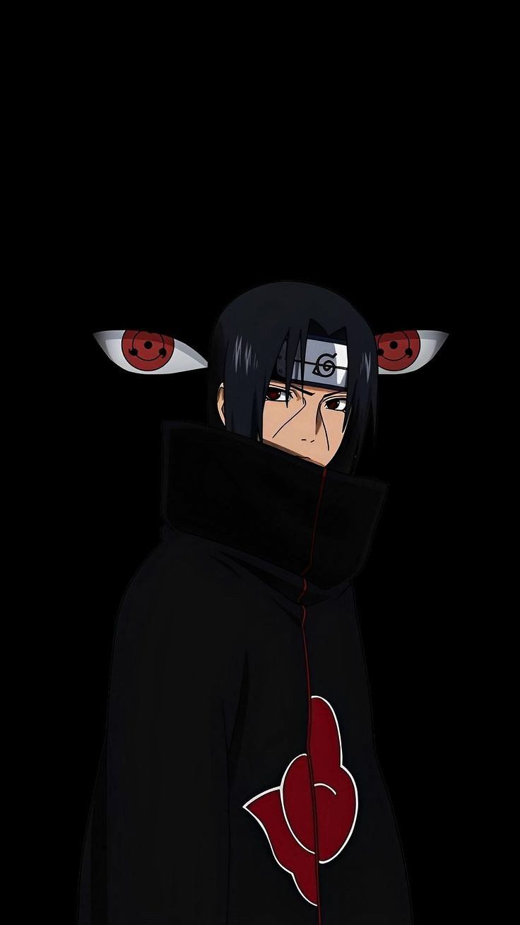 an anime character with two red eyes and black hair, wearing a black hoodie