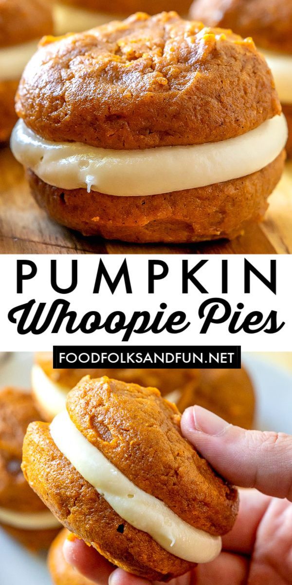 pumpkin whoopie pies with maple cream cheese frosting are stacked on top of each other