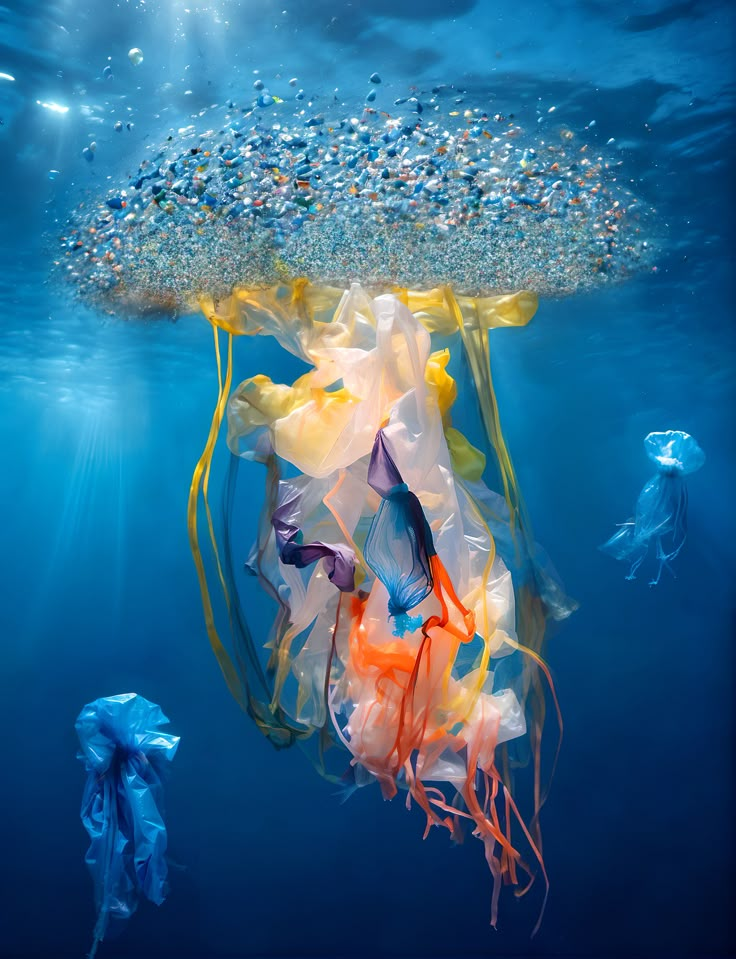 jellyfish and plastic bags floating in the ocean