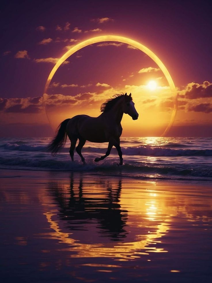 a horse running on the beach in front of an orange and purple sky at sunset