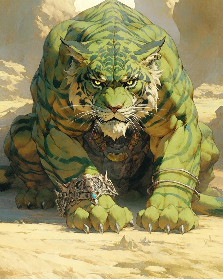 a painting of a green tiger sitting on the ground