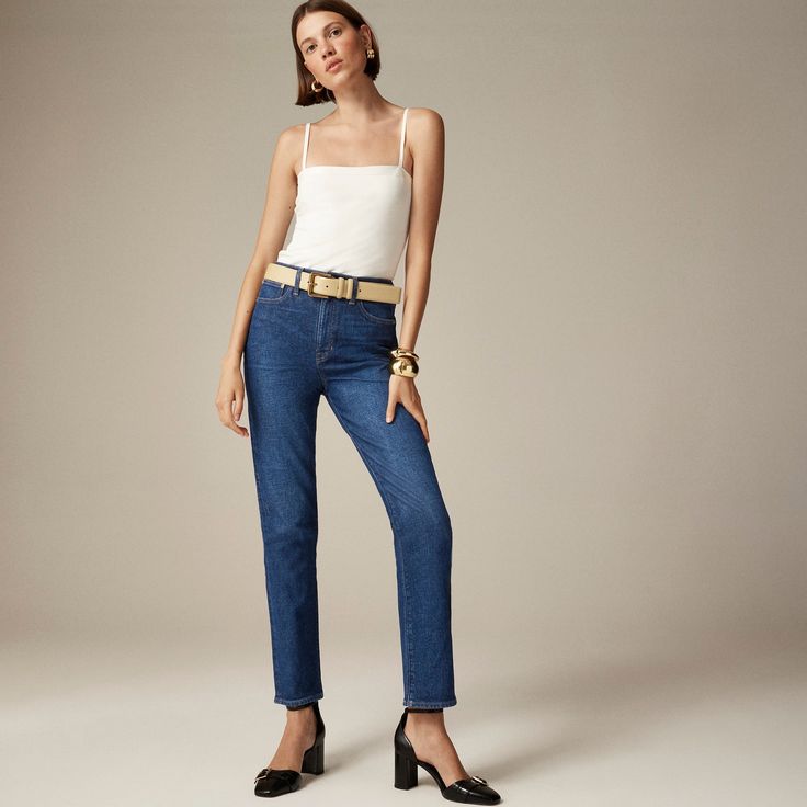 High-rise straight jean in 1996 semi-stretch Fitted Straight Silhouette Jeans, Fitted Straight Jeans With Five Pockets, Chic Fitted Straight Cropped Jeans, Fall Cropped Straight Jeans, Classic Straight Silhouette Jeans With Five Pockets, Trendy Stretch Jeans With Straight Hem, Straight Fit Denim Jeans, Casual Flare Jeans With Straight Silhouette, Fitted Straight Cropped Jeans