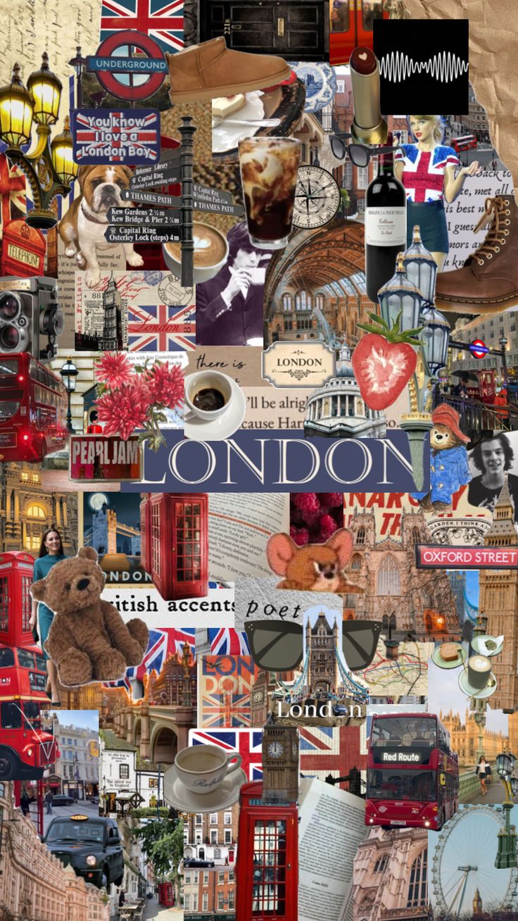 a collage of pictures with the words london on it and british symbols all over them