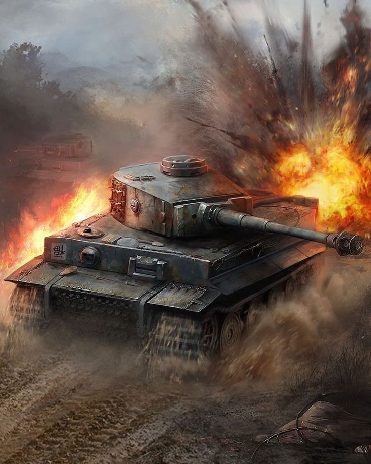 an image of a tank with fire coming out of it's back and flames in the air