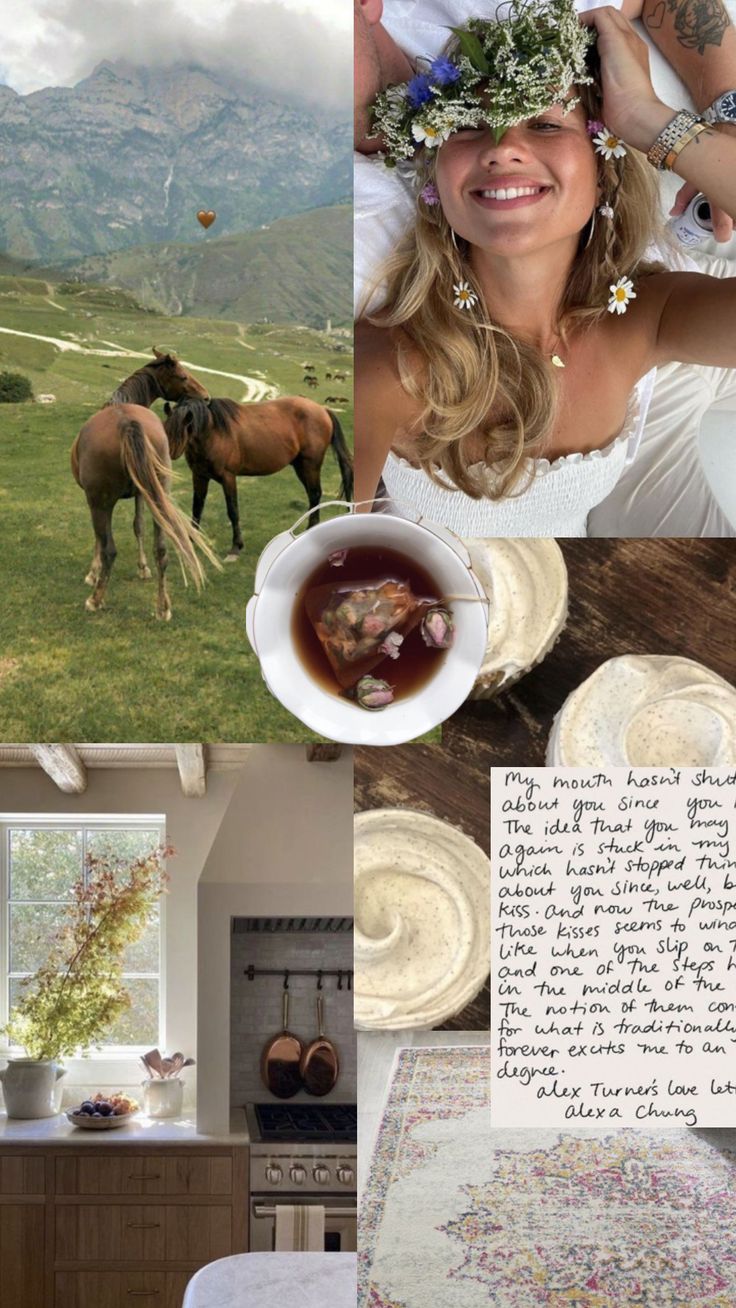 a collage of photos with horses, flowers and food in the foreground is an image of a woman holding a baby