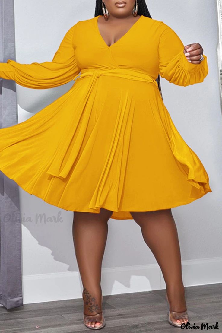 Olivia Mark - Blue Solid Plus Size V-Neck Long Sleeve Patchwork Bandage Dress - a Fashionable and Flawless Choice for Fashion-Forward Women. Midi Dress Plus Size, Yellow Midi Dress, Belted Midi Dress, High Waist Dress, Stylish Plus, Sleeve Dresses, Daily Dress, Two Piece Dress, Bandage Dress