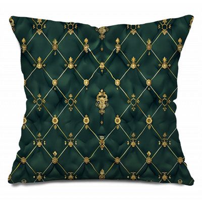 a green pillow with gold trimmings on the front and back, in an ornate pattern