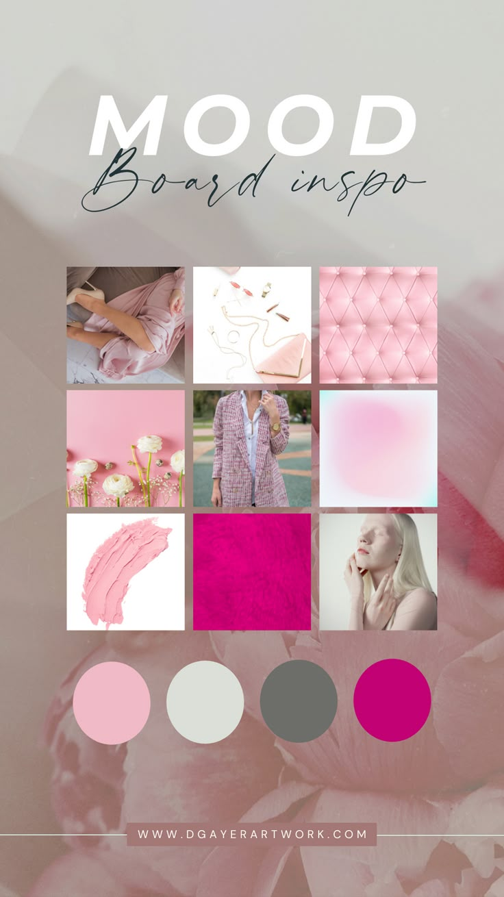 mood board with pink, grey and white color palettes for the mood board inspo