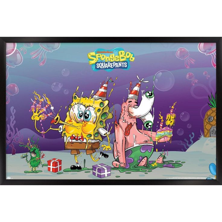 spongebob and friends in the ocean with bubbles