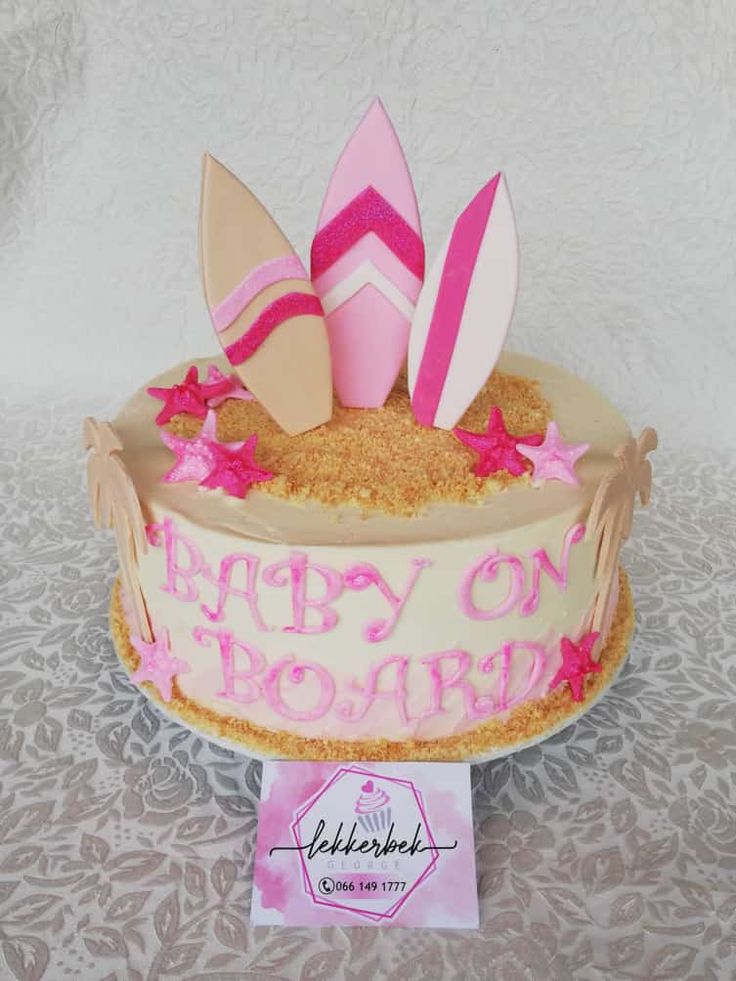 a birthday cake with pink frosting and decorations