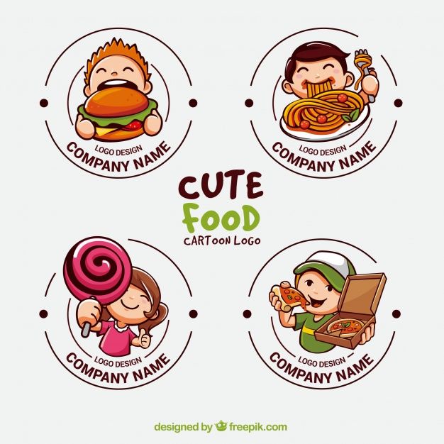 four logos for children's food company with cartoon characters in different poses and colors