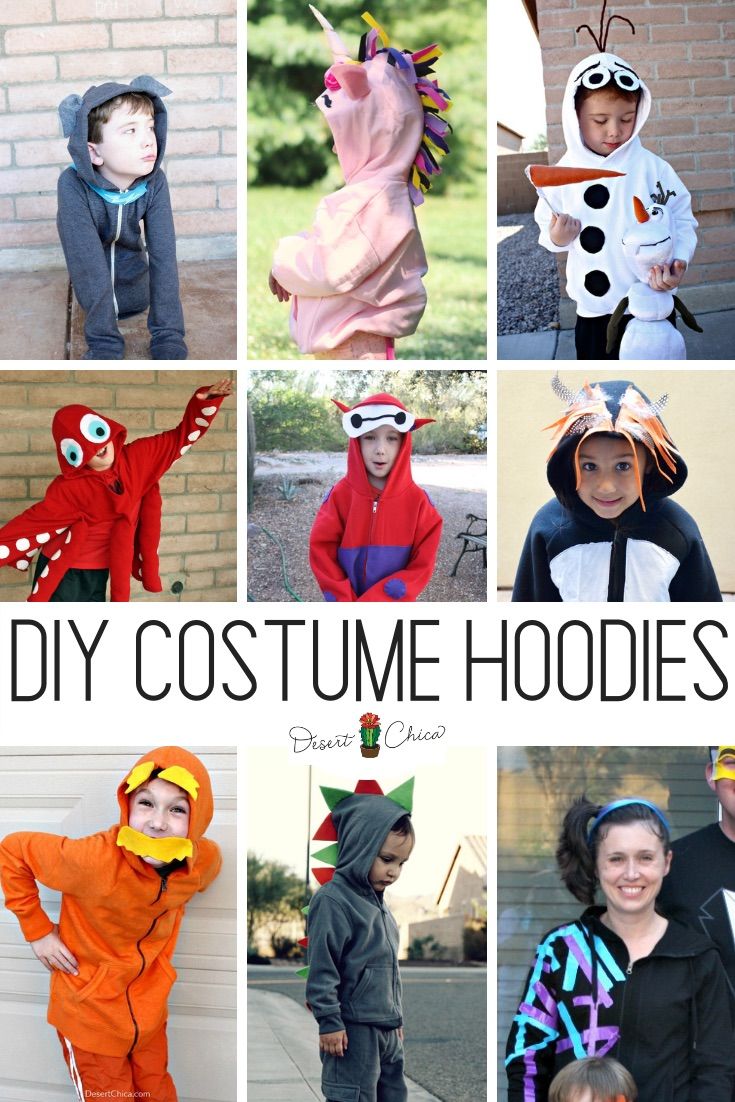 some kids are wearing costumes and standing in front of a brick wall with the words diy costume hoodies over them