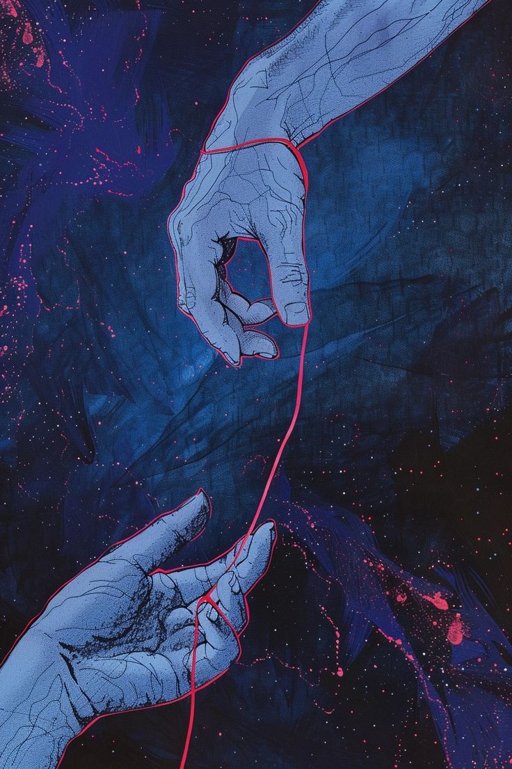 two hands reaching towards each other with red string attached to them in front of blue and black background