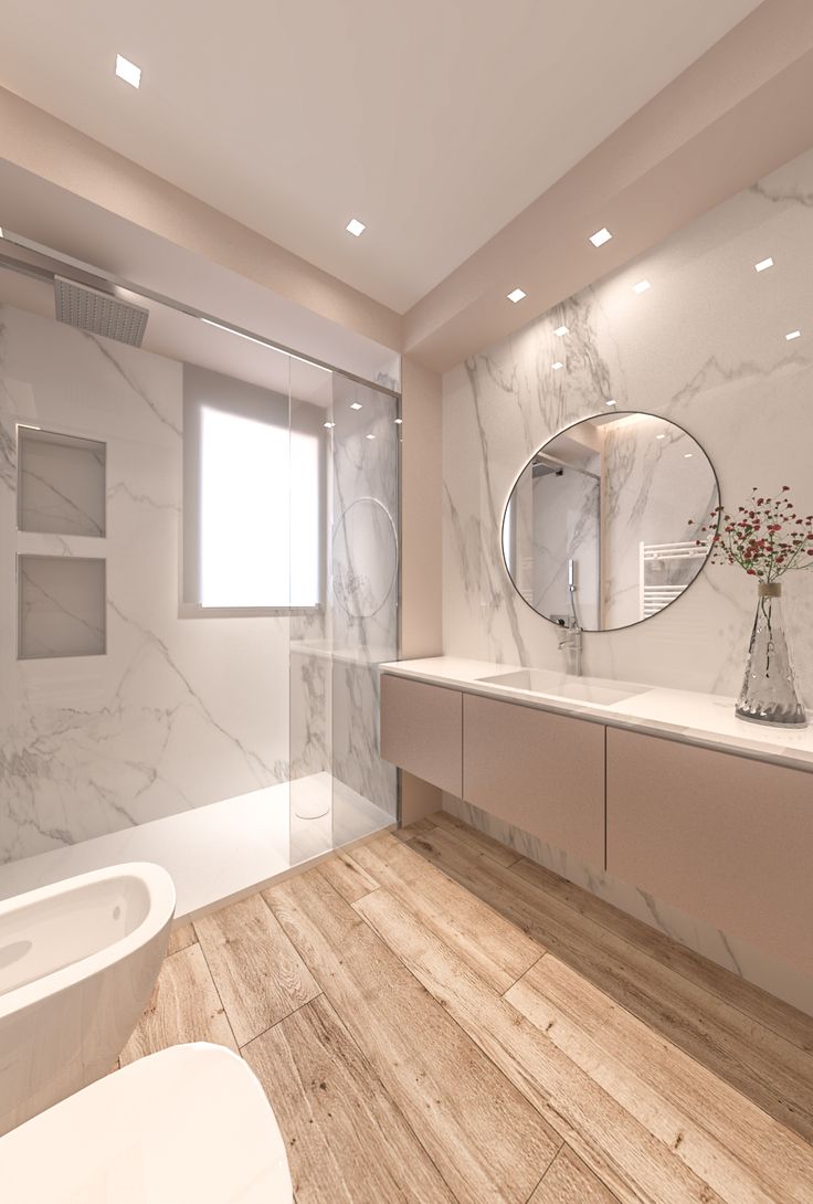 a bathroom with marble walls and flooring next to a bathtub in the corner