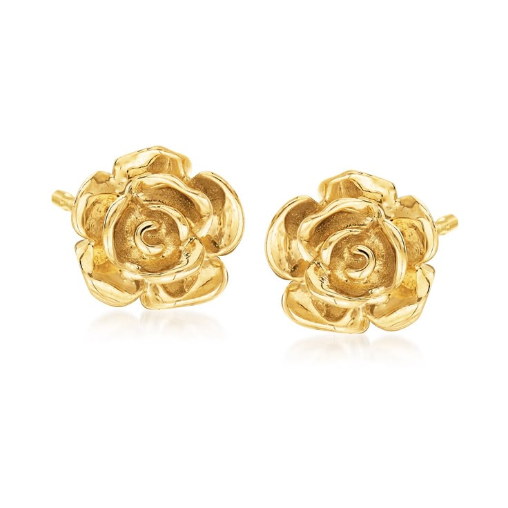 Ross-Simons - 14kt Yellow Gold Rose Stud Earrings. Representing love and romance, the rose is a beautiful bloom no matter the season. Turn this favorite flower into a lifelong keepsake and accessory with these 14kt yellow gold rose stud earrings. Pretty petals are crafted in fine detail, shining with a polished finish. Would make a lovely gift for a birthday, anniversary or another special occasion. Post/clutch, 14kt yellow gold rose stud earrings. Rose Design Flower Earrings For Anniversary, Gold Rose Design Earrings For Anniversary, Gold Flower Earrings For Anniversary On Valentine's Day, Gold Flower Earrings For Valentine's Day Anniversary, Flower-shaped Earrings With Rose Design For Anniversary, Flower Earrings With Rose Design For Anniversary, Rose Flower Earrings For Anniversary, Flower Shaped Rose Design Earrings For Anniversary, Gold Flower Bracelet