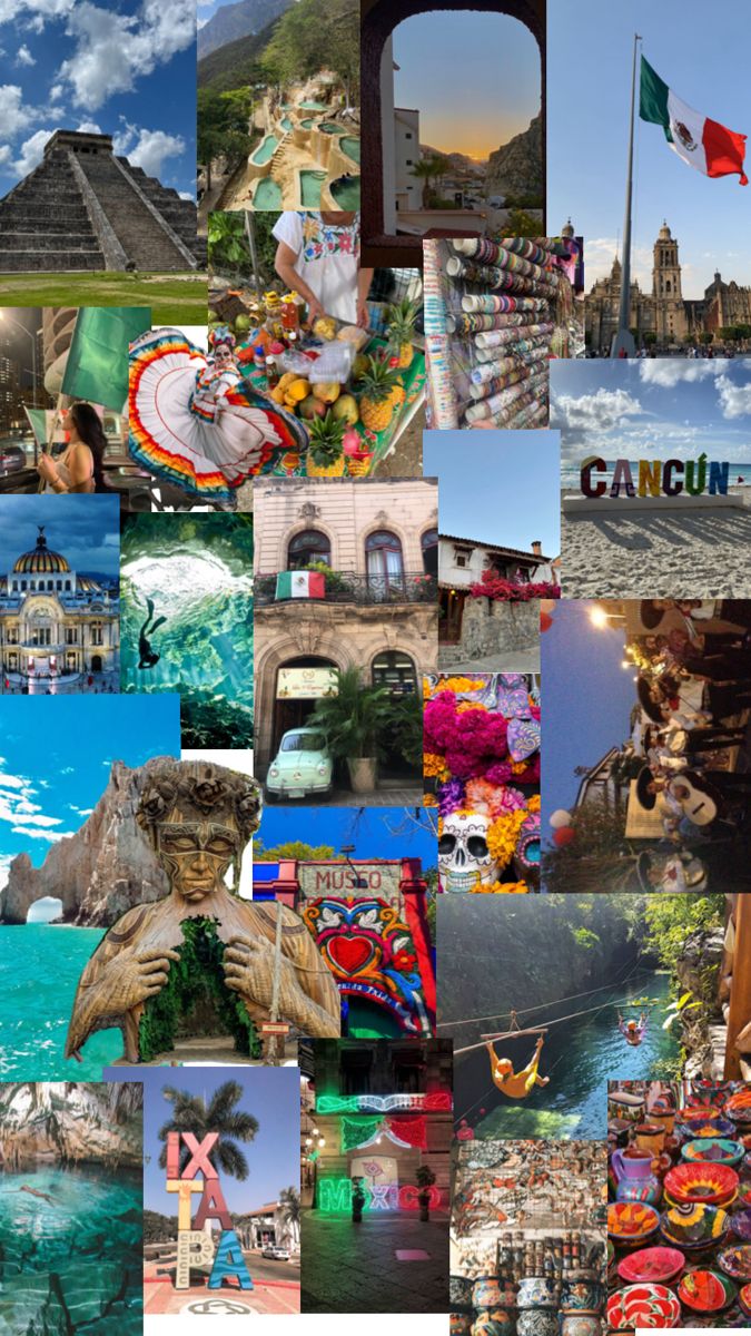 the collage has many different pictures and words on it, including an image of mexico