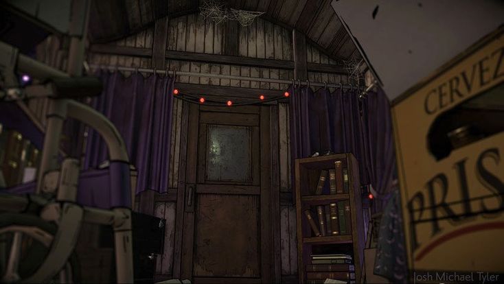 an animated image of a creepy looking room with bookshelves and lights on the door