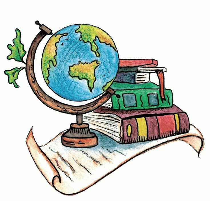 an illustration of books and a globe on top of a piece of paper with leaves