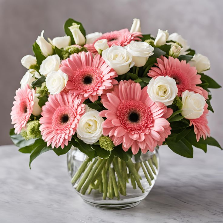 a vase filled with pink and white flowers on top of a marble countertop in front of a gray wall