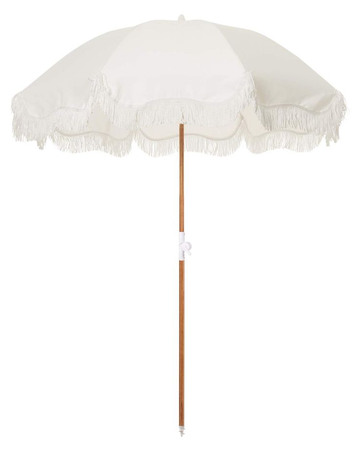 an umbrella with fringes is shown on a white background and has a wooden pole