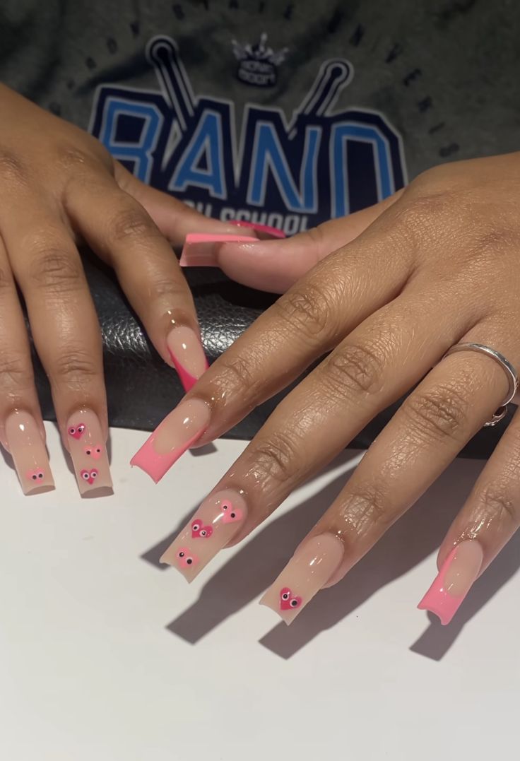 Baddie Nails Acrylic Pink Medium, Baddie Short Acrylic Nails With Charms, Baddie Short Acrylic Nails Pink, Short Square French Tip Acrylic Nails With Butterfly, Short Pink Nails With Butterflies, Baddie Acrylic Nails Short, Baddie Short Nails, Cute Baddie Nails Short, Colorful Nail Designs