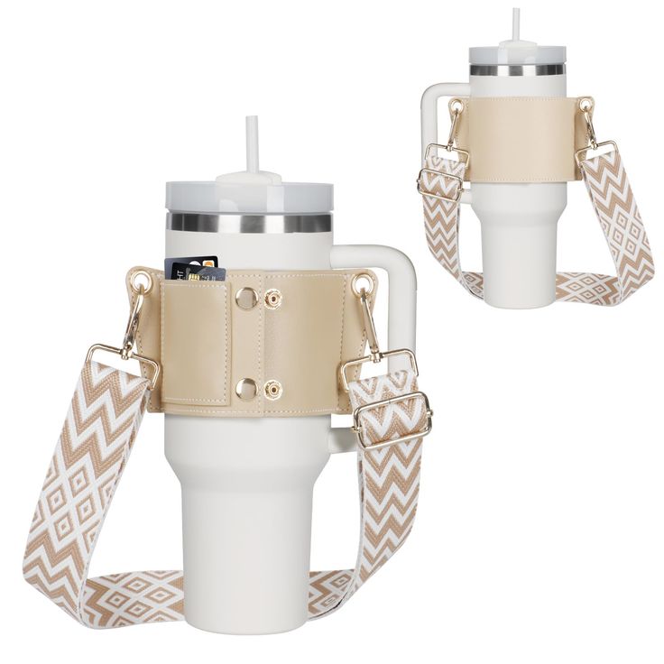 two bottles with straps attached to them, one is white and the other is beige