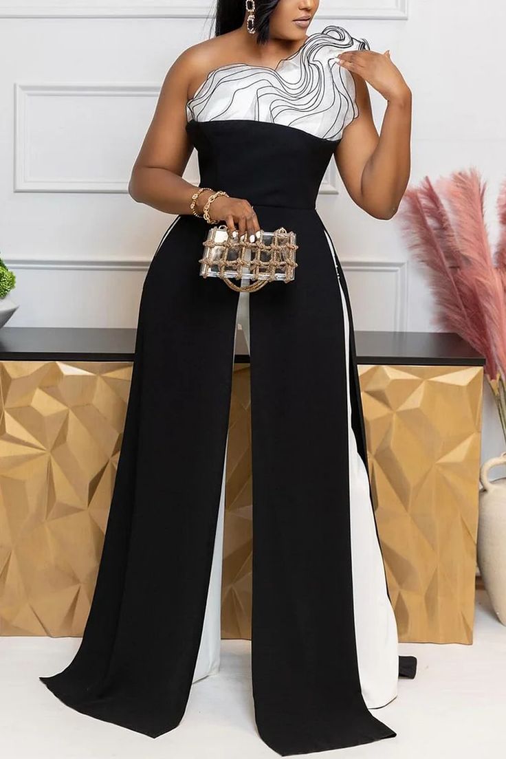 Plus Size Cocktail Party White Colorblock Oblique Collar Tiered Split Jumpsuits [Pre-Order] Black Jumpsuit Outfit Wedding, Plus Size Wedding Guest Outfit, Jumpsuit Outfit Wedding, Black Jumpsuit Outfit, Casual Cocktail Party, Black Jumpsuit Dress, Summer Tips, Cocktail Dress Wedding Guest, Cocktail Party Wedding