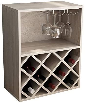 a wine rack with several bottles and glasses