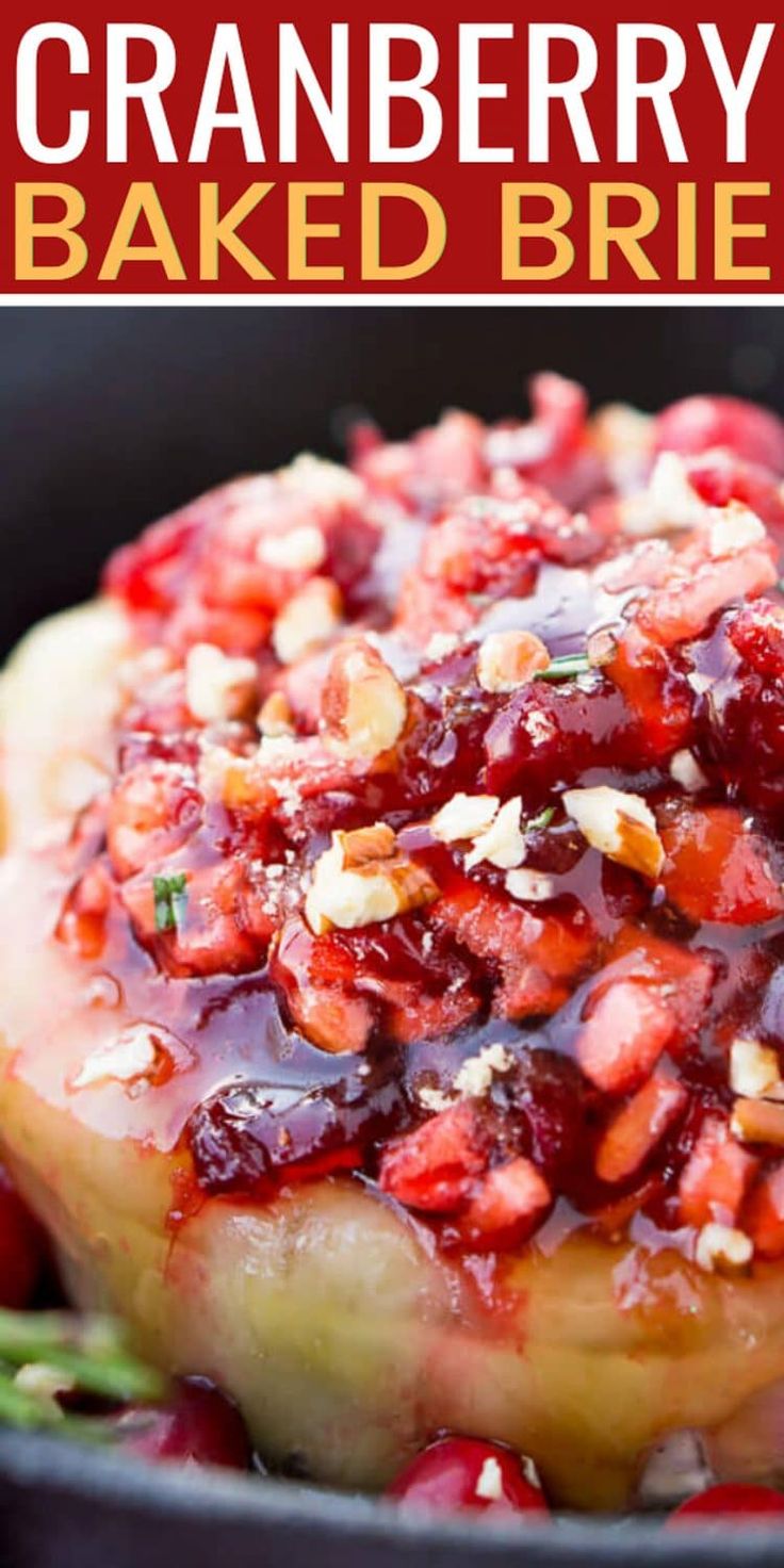 cranberry baked brie in a cast iron skillet