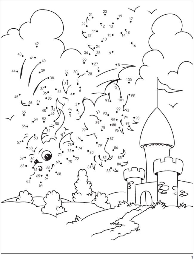 the dot to dot game for children with castle and clouds in the sky, as well as