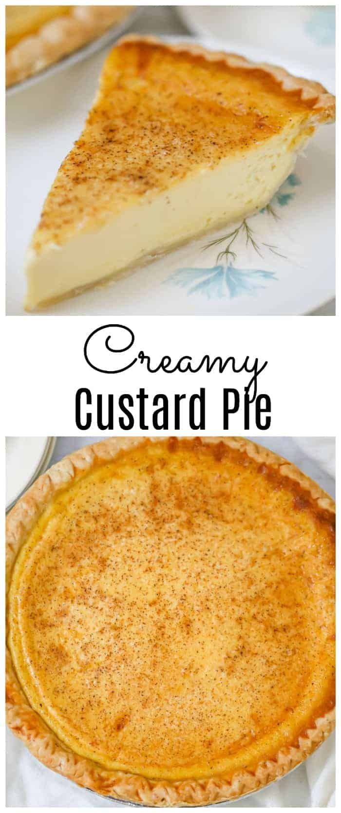 an image of creamy custard pie on a plate with the title above it