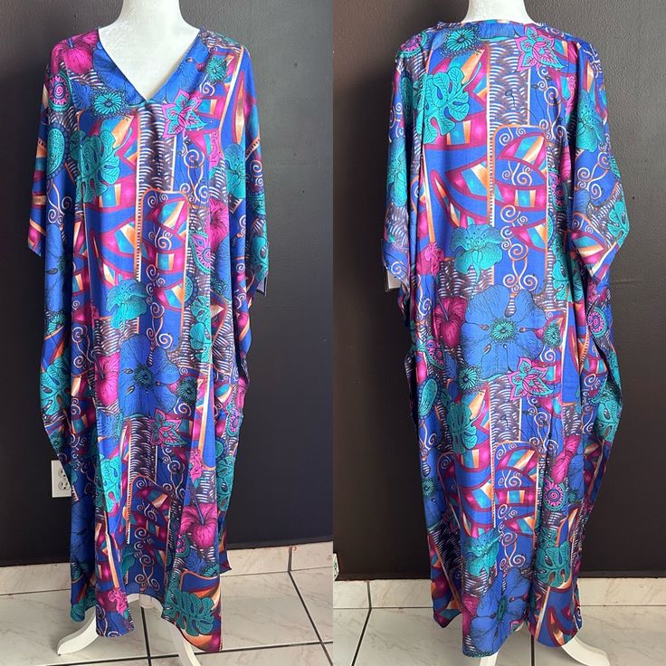 New! Women’s One Size Fits Most 100% Polyester Blue Purple Floral Blue Printed Long Maxi Dress, Purple Lined Beach Dress, Printed Purple Vacation Dresses, Multicolor Long Maxi Dress For Daywear, Purple Printed Vacation Dresses, Blue Maxi Dress With Colorful Pattern For Vacation, Purple Printed Dress For Vacation, Vibrant Blue Maxi Dress For Vacation, Blue Floral Print Long Sleeve Kaftan