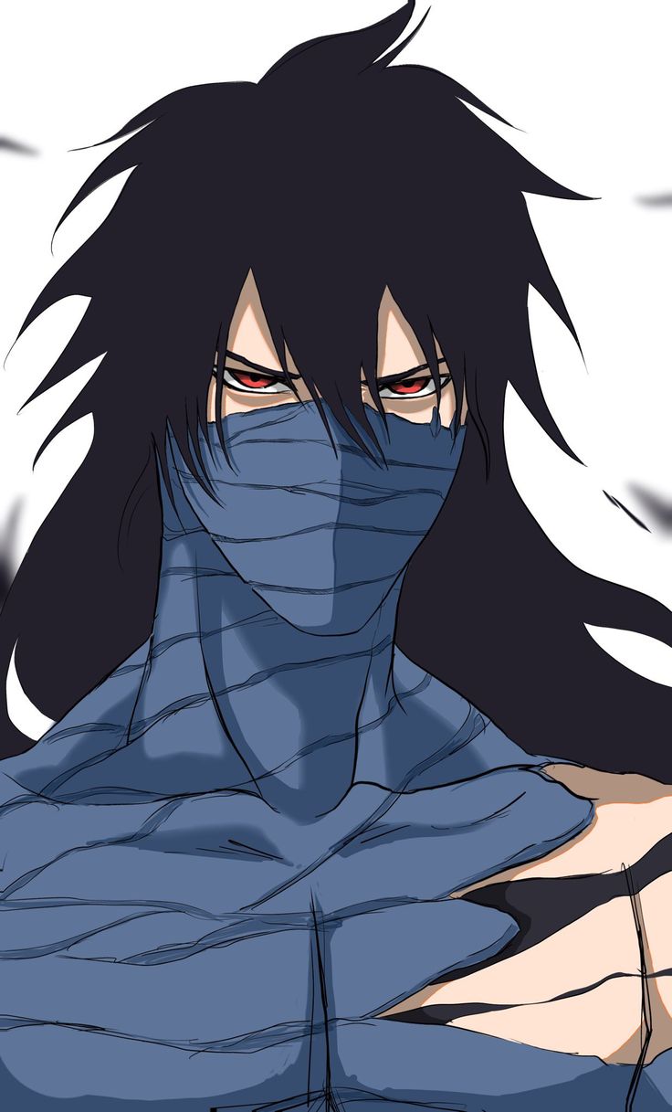 an anime character with black hair and red eyes wearing a blue cloth over his face