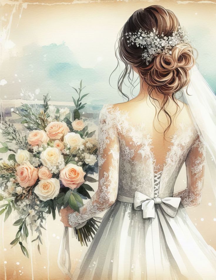 a painting of a bride holding her bouquet