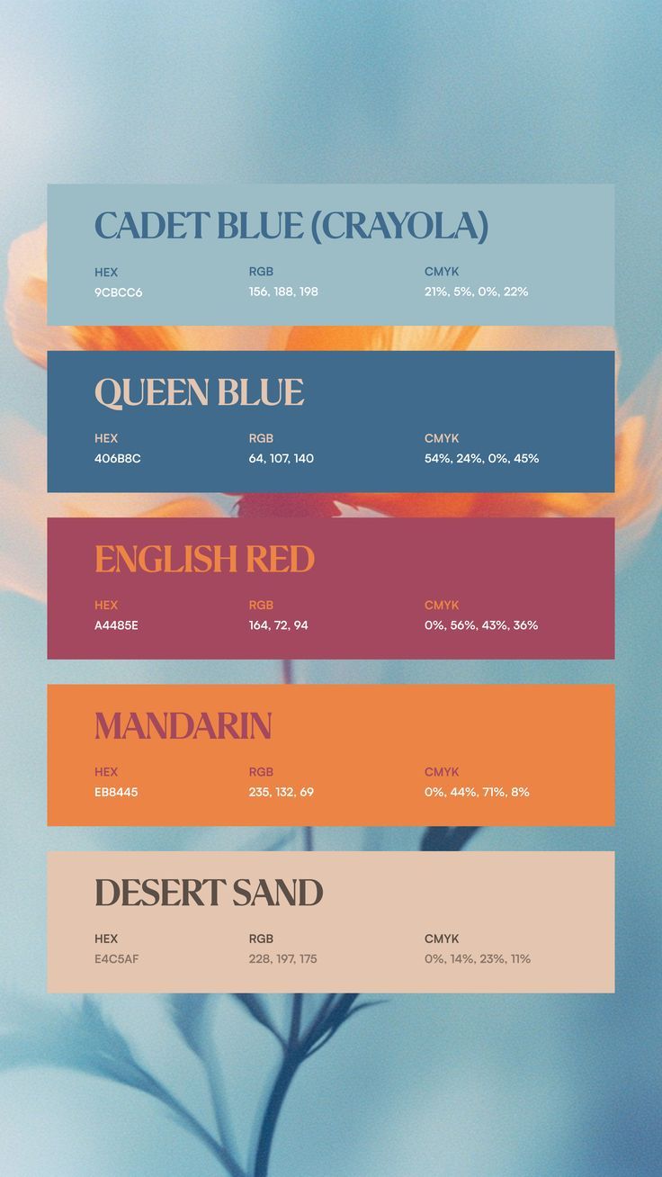 Colors:
9CBCC6
406B8C
A4485E
EB8445
E4C5AF Poster Color Palette, 12 Color Palette, Unique Color Names, Seeds Color Palette, Seeds Color, Website Color Palette, Pantone Colour Palettes, Color Design Inspiration, Poster Color