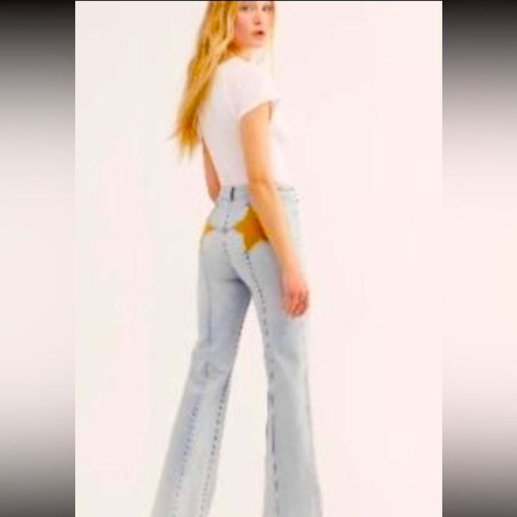 Worn Once Like New. This Jean Has Slight Stretch With A High Waist Fit Jeans Free People, Yellow Star, Free People Jeans, Hard To Find, Yellow Blue, Flare Jeans, Blue Yellow, High Waist, Free People