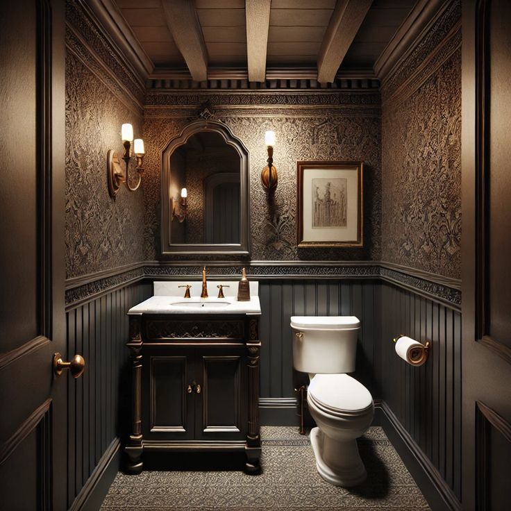 a bathroom with a toilet, sink and mirror in it's corner next to a doorway