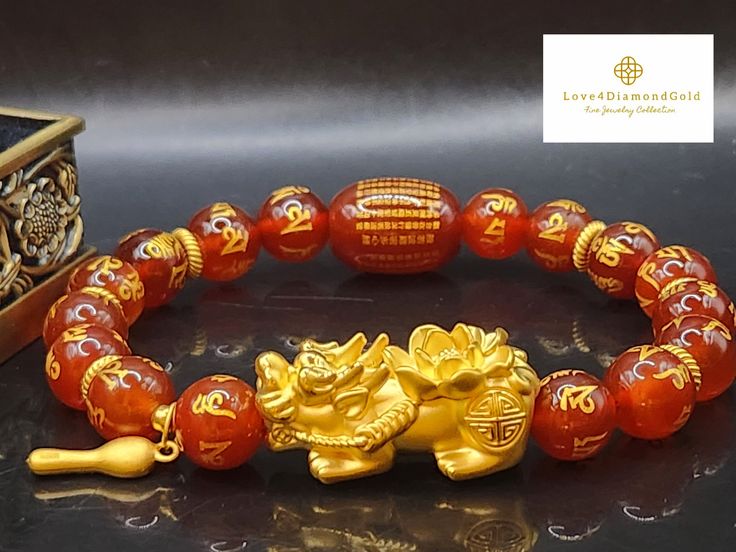 Gift yourself or your loveonce this beautiful Pure Gold Pixiu Bracelet.  *Materials: Au999 Pure Gold and Carnelian Stone.  *Karat: 24K Pure Gold  *Gold Color: Yellow *Gold Weight: Approximately 3.75g 🔸️Pi Xiu has the meaning of bringing in wealth and treasure. Of course, it is capable of warding off evil spirits and bringing good fortune.  OUR 24K GOLD IS MADE FROM 5G TECHNOLOGY What does 5G mean? 1, Grace : toughness, not easy to break 2, Gusty : light weight, high hardness 3, Genius : advanced technology, style fashion 4, Glorious : never fades 5, Gentle : high purity, full gold 999. Metal is made of real 24K Gold Only. Not gold filled. Not gold vermeil. Not gold plated . STAMPED 📬S H I P P I N G WE SHIP WITHIN 24 HOURS. Free shipping in the  US and International Traditional Adjustable Gold Bracelet Gift, Traditional Adjustable Gold Bracelet As A Gift, Traditional Adjustable Gold Bracelet For Gift, Elegant Bracelets For Festivals Gift, Elegant Bracelets For Festivals And Gifts, Elegant Festival Bracelets As Gift, Round Beads Bracelet For Festivals Gift, Round Beads Bracelets For Festivals Gift, Festival Bangle Bracelets As Gifts