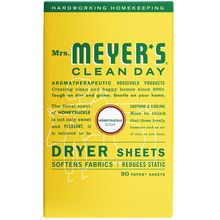 a yellow dryer sheet with the words mrs meyer's clean day written on it