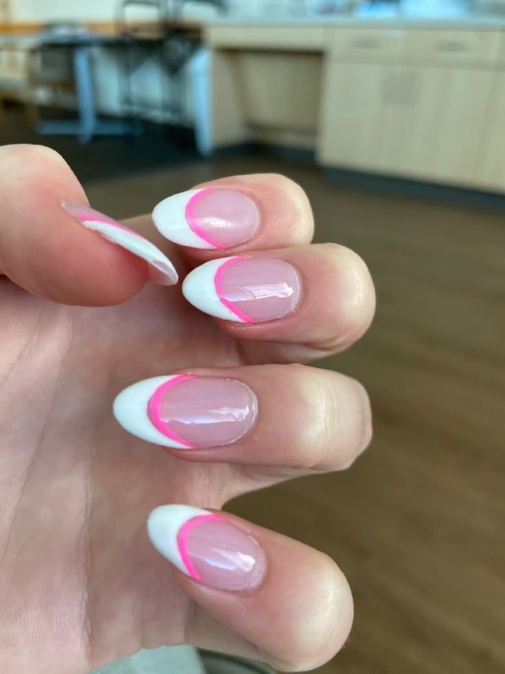 Blue Pink Acrylic Nails, French Tip Acrylic Nails Almond Summer, Simple Nails For Europe, Preppy Nail Inspo Summer, French Tip Nails With Line Under, Preppy Nails For Summer, French Tip With Line Under, French Tip With Pink Line, Pink And Blue French Tip Nails