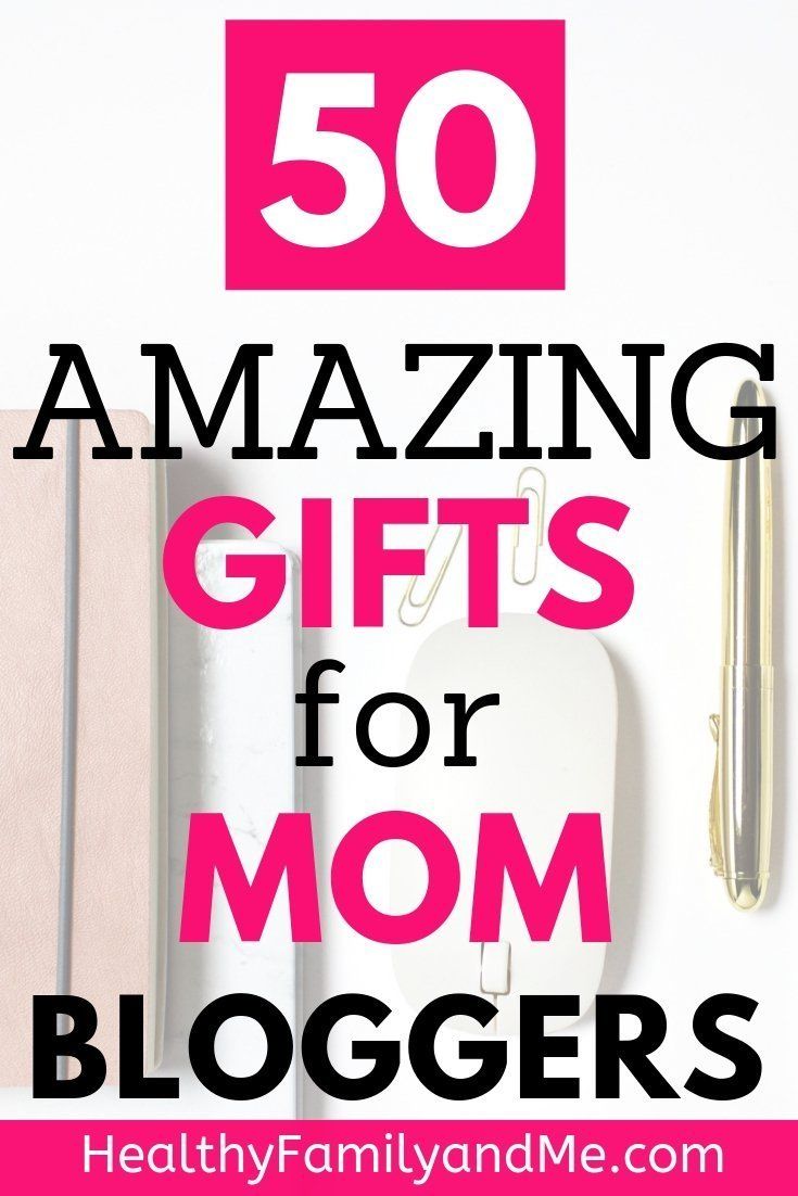 the words 50 amazing gifts for mom bloggers on top of a white background with pink accents