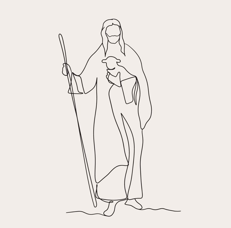 a black and white drawing of jesus holding a staff