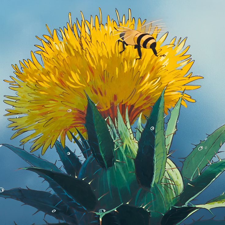 a yellow flower with two bees on it's head in front of a blue sky