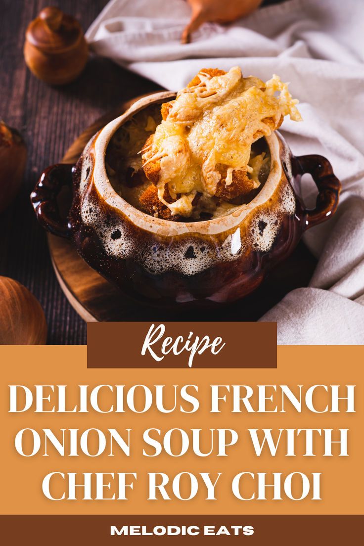 the recipe for delicious french onion soup with chef roy choi is shown on a plate