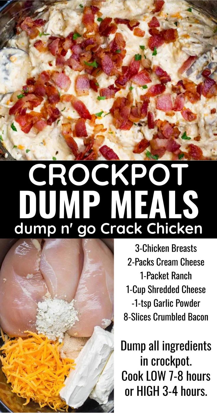 the recipe for crockpot dump meals includes chicken, cheese and bacon in a skillet