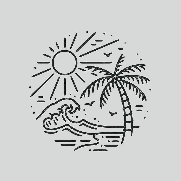 a black and white drawing of a palm tree on the beach with sun in background