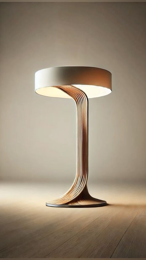 a lamp that is on top of a wooden table with a light in the middle