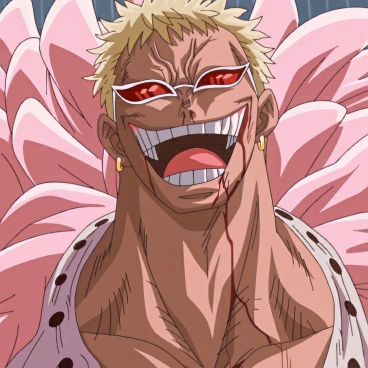 an anime character with big red eyes and blonde hair, wearing white eyeglasses